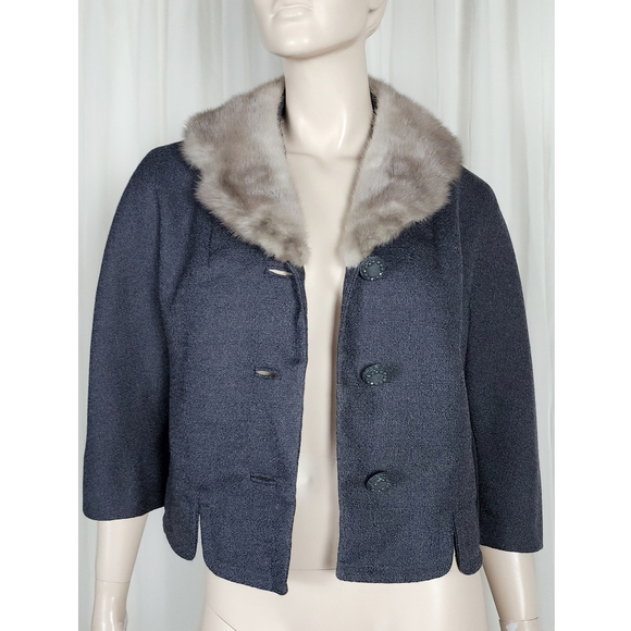 Vtg 60s grey wool mink collar crop boxy blazer suit jacket M-L - Picture 6 of 10